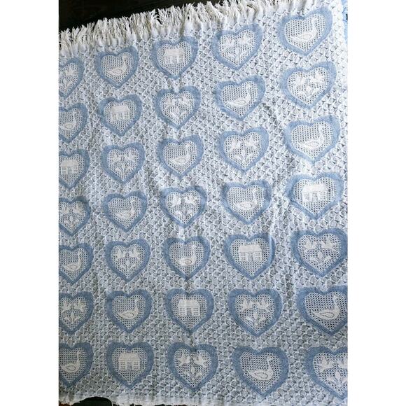 Vintage Fringe Woven Hearts Blanket 100% Cotton Granny CORE 49" x 54" BLUE WHT - Picture 1 of 6